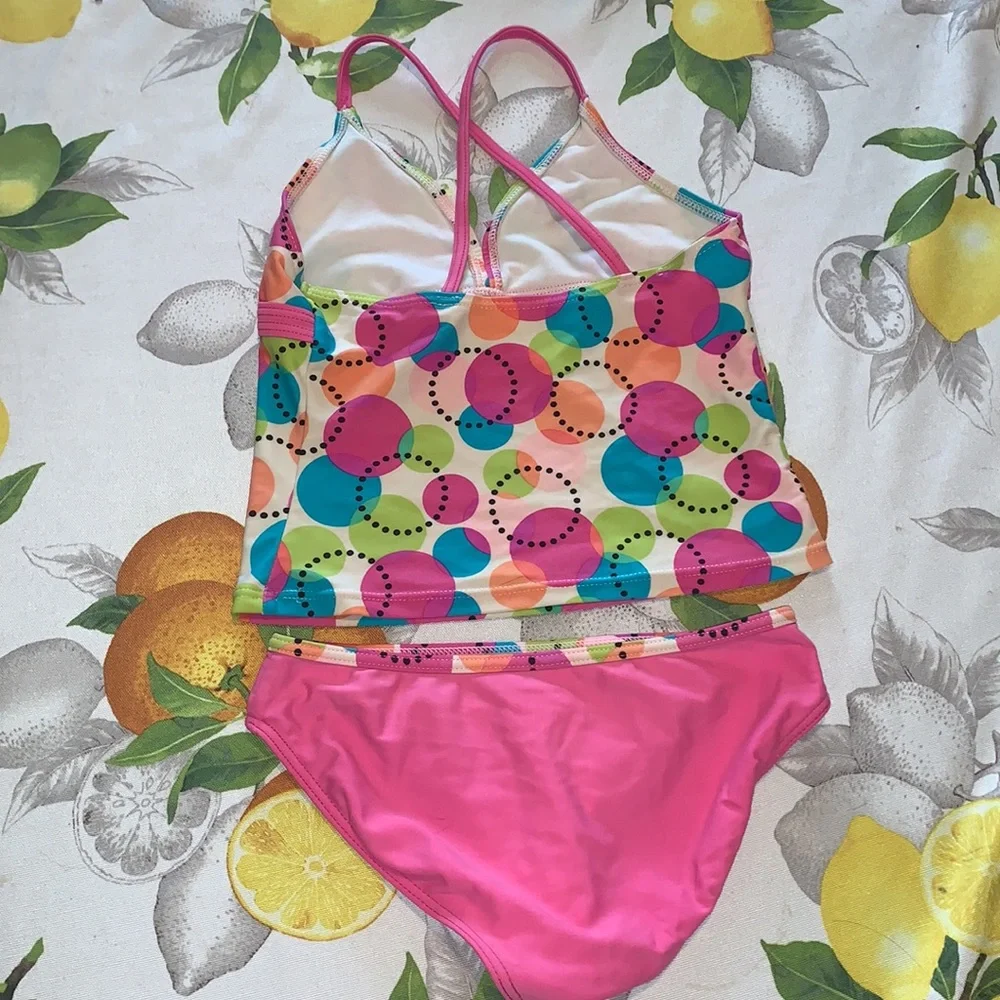 2 pc Cute pink polka dot circle girls tankini Size 8/10 EUC